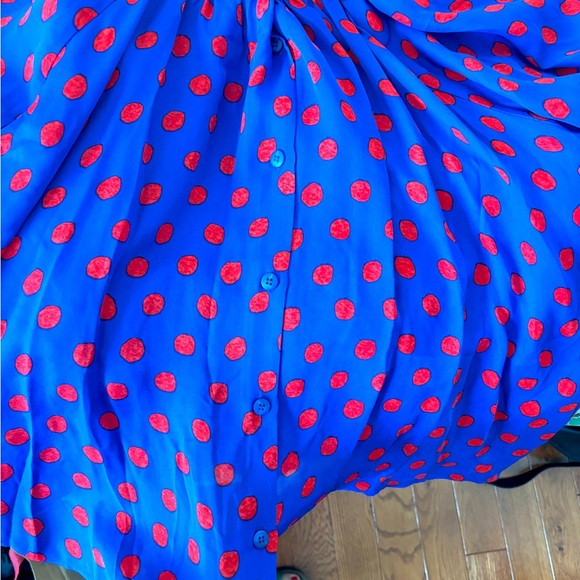 Real Silk cobalt blue and red polka dot button gathered neck loose blouse - Picture 4 of 4